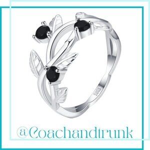 925 Hallmark 3 Round Black Spinel Prong Set Etched Winding Vine Band Ring Size 8